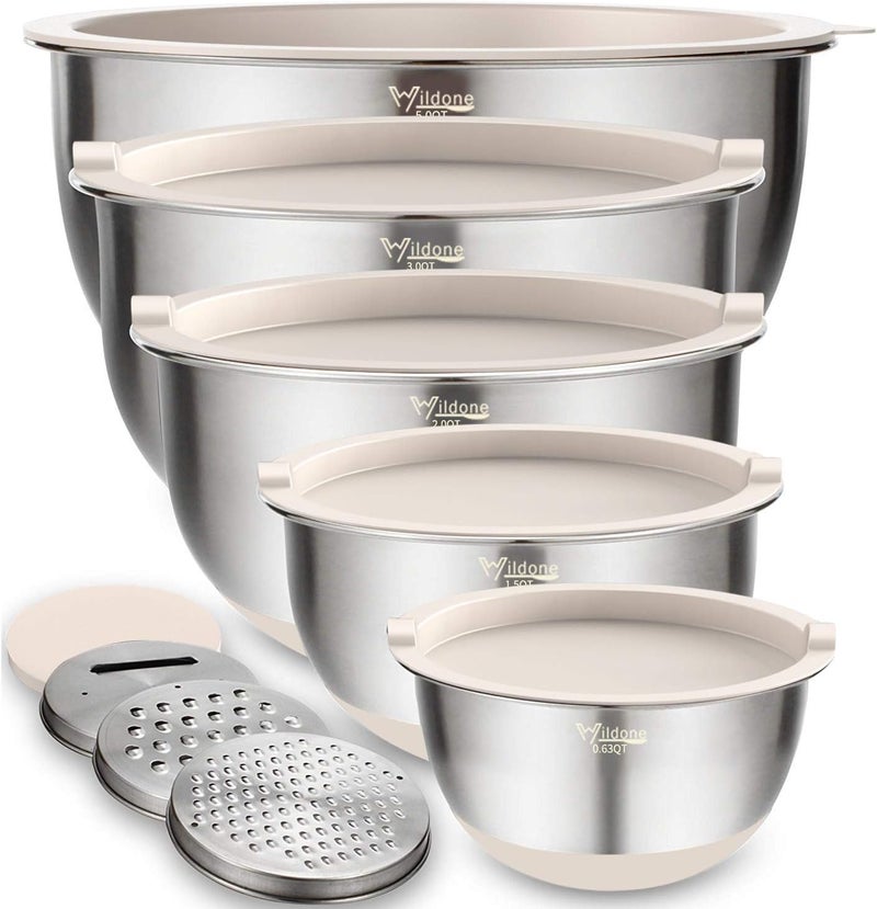 Wildone Mixing Bowls with Airtight Lids Set, 5PCS Stainless Steel Khaki Nesting Bowls for Kitchen, with Grater Attachments & Non-Slip Bottoms, Size 5, 3, 2, 1.5, 0.63 QT, Great for Mixing & Serving - Image 1