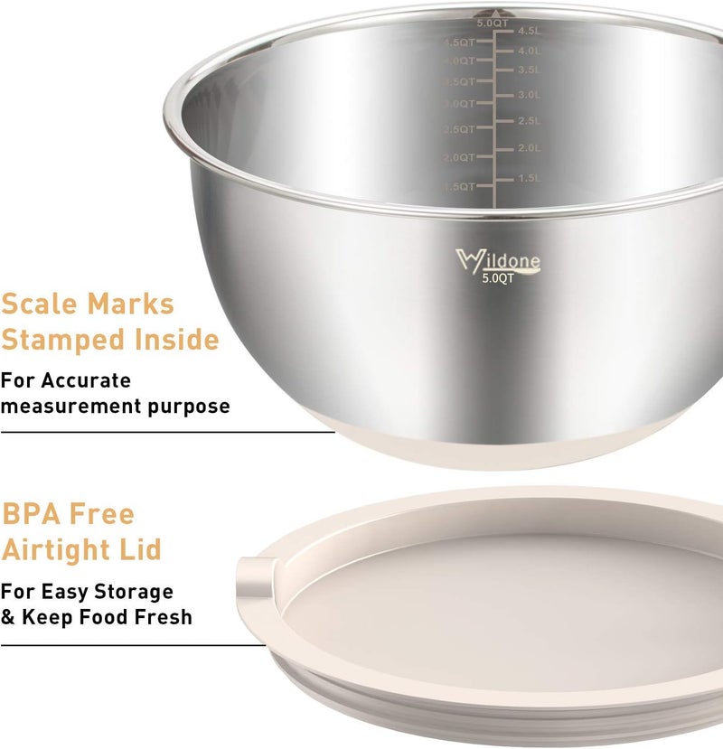 Wildone Mixing Bowls with Airtight Lids Set, 5PCS Stainless Steel Khaki Nesting Bowls for Kitchen, with Grater Attachments & Non-Slip Bottoms, Size 5, 3, 2, 1.5, 0.63 QT, Great for Mixing & Serving - Image 2
