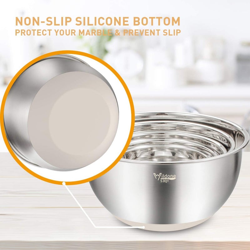 Wildone Mixing Bowls with Airtight Lids Set, 5PCS Stainless Steel Khaki Nesting Bowls for Kitchen, with Grater Attachments & Non-Slip Bottoms, Size 5, 3, 2, 1.5, 0.63 QT, Great for Mixing & Serving - Image 5