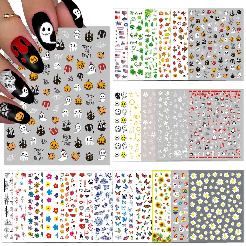 TailaiMei TailaiMei 24 Sheets Holiday Nail Stickers Halloween Christmas Fall Valentine Mixed All Seasons Variety Pack for YearRound Seasonal Nail Art Decorations SelfAdhesive Design Nail Decals