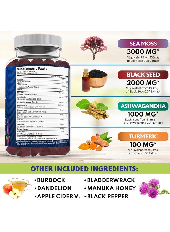 New Age Sea Moss Gummies, Sea Moss, Black Seed, Ashwagandha, Turmeric, Manuka Honey, ACV, Dandelion, Black Pepper, Burdock, Bladderwrack, Vegan- 180 Count - Image 3