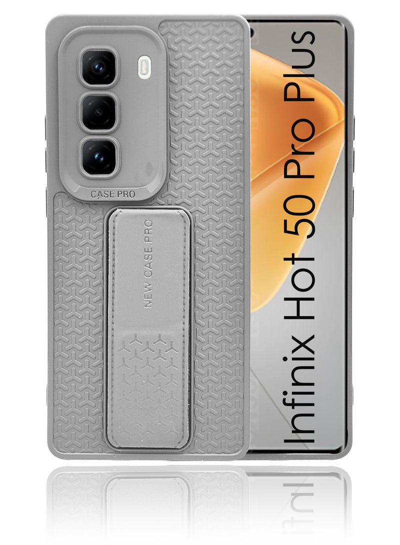For Infinix Hot 50 Pro Plus 4G Flexible Silicone Case With Magnetic Hand Grip Holder & Kickstand - Strong Grip for Magnetic Car Holder, Stylish & Functional, Ultimate Convenience & Hands-Free Viewing - Grey  - Image 1