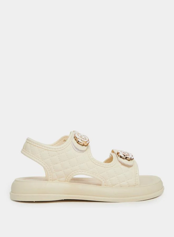 Styli Beige Quilted Sandals with Flower Detail