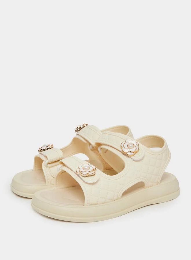 Styli Beige Quilted Sandals with Flower Detail