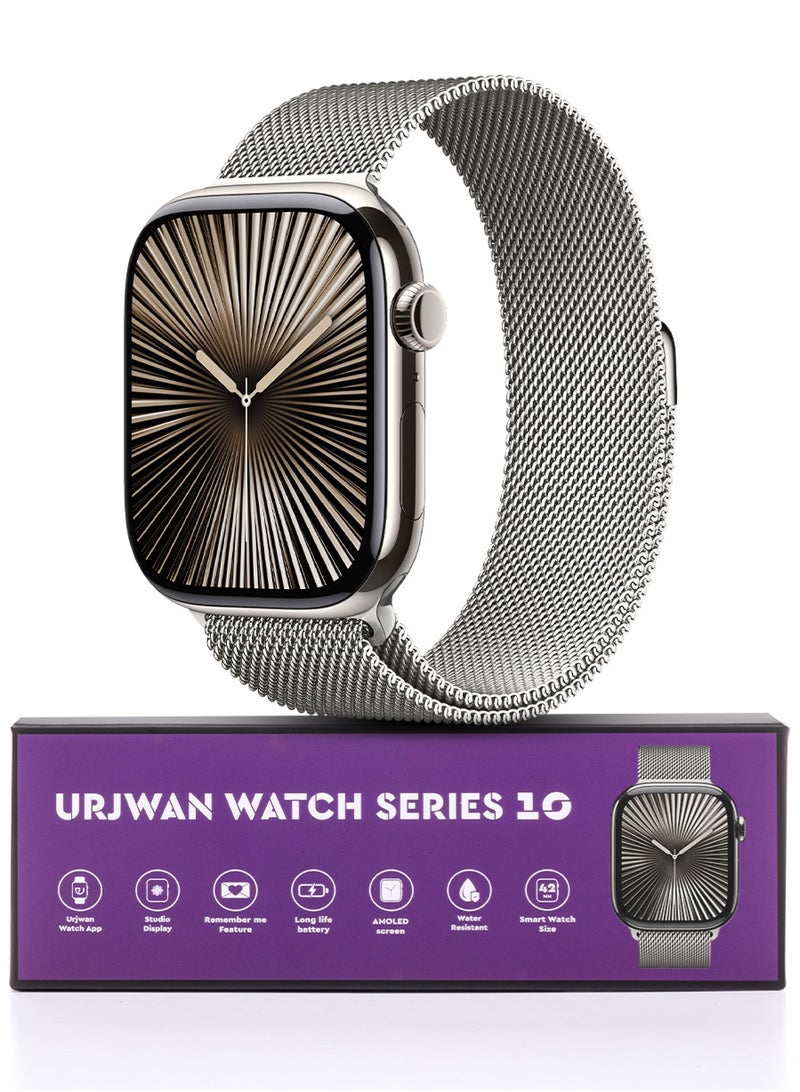 أرجوان ساعة ذكية الجيل العاشر فضي 42 مم: شاشة AMOLED فائقة الوضوح، ميزة استعراض الصور، تطبيق حصري لمزايا متقدمة، ميزة “تذكرتك” للتواصل الفوري، تصميم أنحف بحواف أقل، ألوان جديدة مع سوار إضافي، دعم المكالمات والإشعارات. - Image 1
