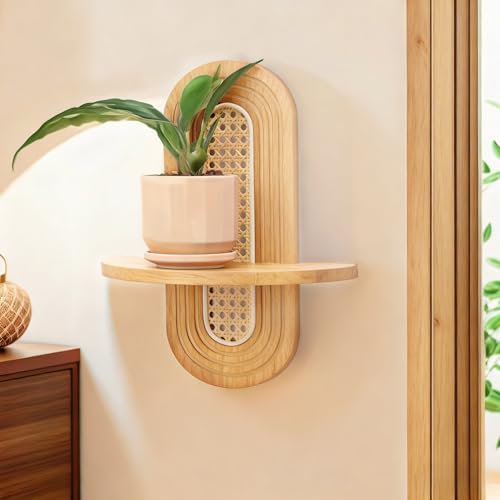 Hongsane Floating Shelves for Wall, Boho Rattan Shelf Set of 2, Unique Small Decorative Shelf Wall-Mounted, Nature Wood Shelves for Living Room,Bedroom,Nursey Room (Natural) - Image 2