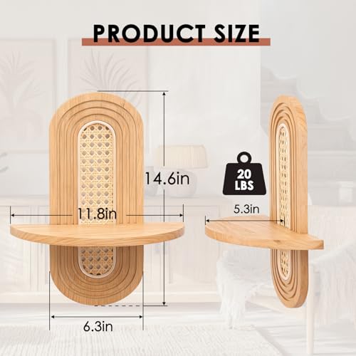 Hongsane Floating Shelves for Wall, Boho Rattan Shelf Set of 2, Unique Small Decorative Shelf Wall-Mounted, Nature Wood Shelves for Living Room,Bedroom,Nursey Room (Natural) - Image 3