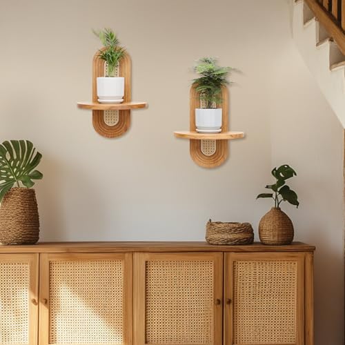 Hongsane Floating Shelves for Wall, Boho Rattan Shelf Set of 2, Unique Small Decorative Shelf Wall-Mounted, Nature Wood Shelves for Living Room,Bedroom,Nursey Room (Natural) - Image 5