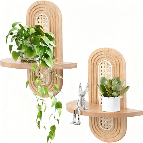Hongsane Floating Shelves for Wall, Boho Rattan Shelf Set of 2, Unique Small Decorative Shelf Wall-Mounted, Nature Wood Shelves for Living Room,Bedroom,Nursey Room (Natural) - Image 1