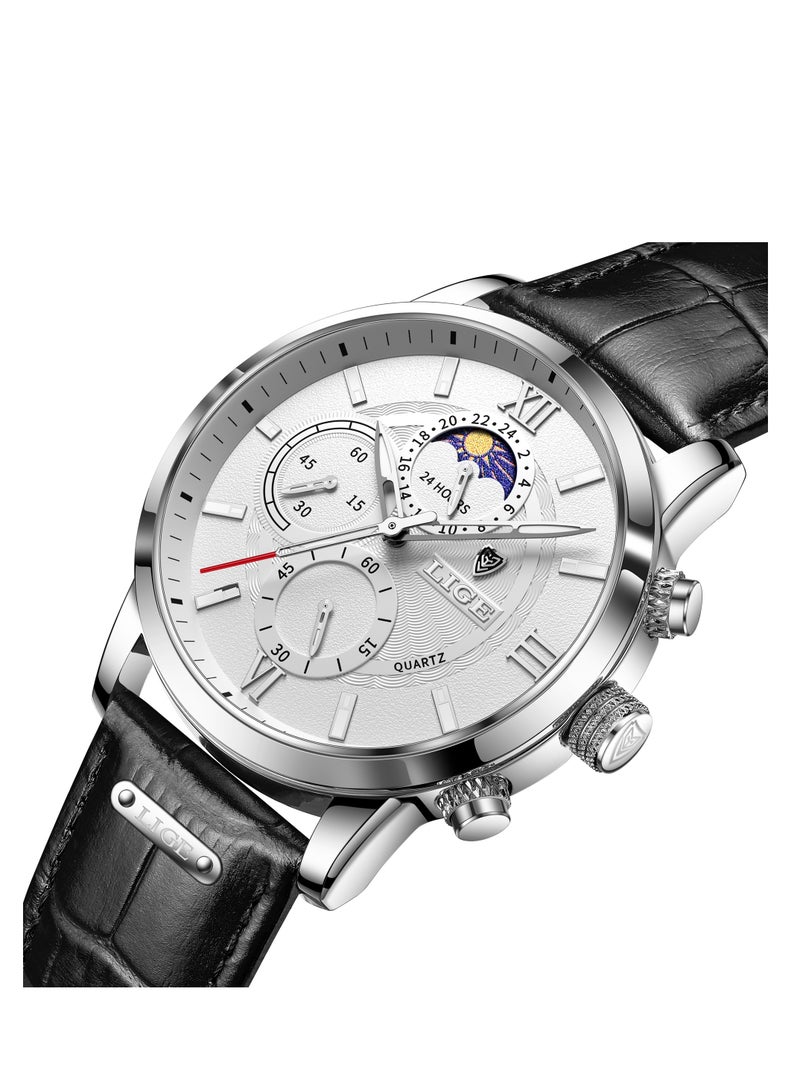 لييج ساعة رجالية أنيقة ورائعة، مقاومة للماء، ساعة كوارتز بتقويم، حزام جلدي كاجوال، مينا فضية بيضاء - Image 2