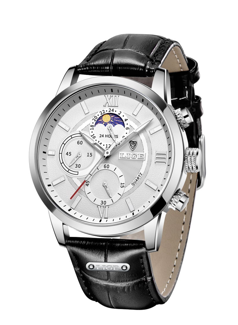 لييج ساعة رجالية أنيقة ورائعة، مقاومة للماء، ساعة كوارتز بتقويم، حزام جلدي كاجوال، مينا فضية بيضاء - Image 1