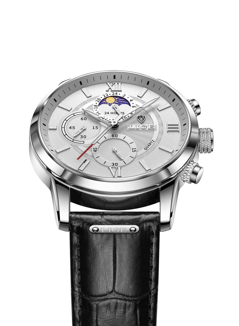 لييج ساعة رجالية أنيقة ورائعة، مقاومة للماء، ساعة كوارتز بتقويم، حزام جلدي كاجوال، مينا فضية بيضاء - Image 3