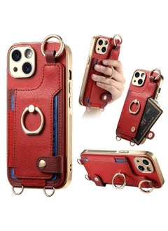 For iPhone 14 Plus Fashion Ring Card Bag Phone Case with Hang Loop(Red)