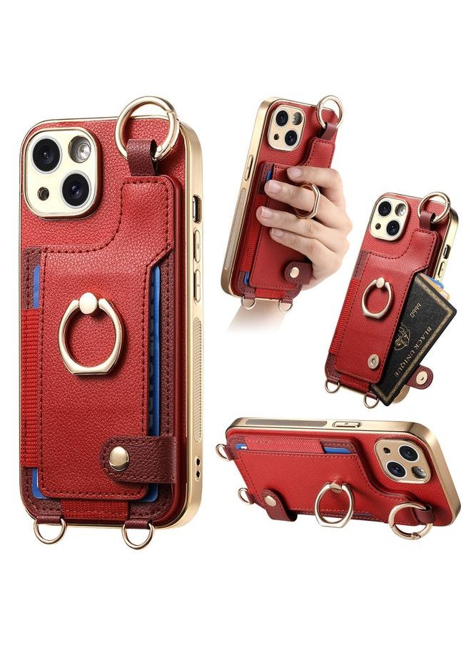 erorex - For iPhone 14 Plus Fashion Ring Card Bag Phone Case with Hang Loop(Red) - Image 1