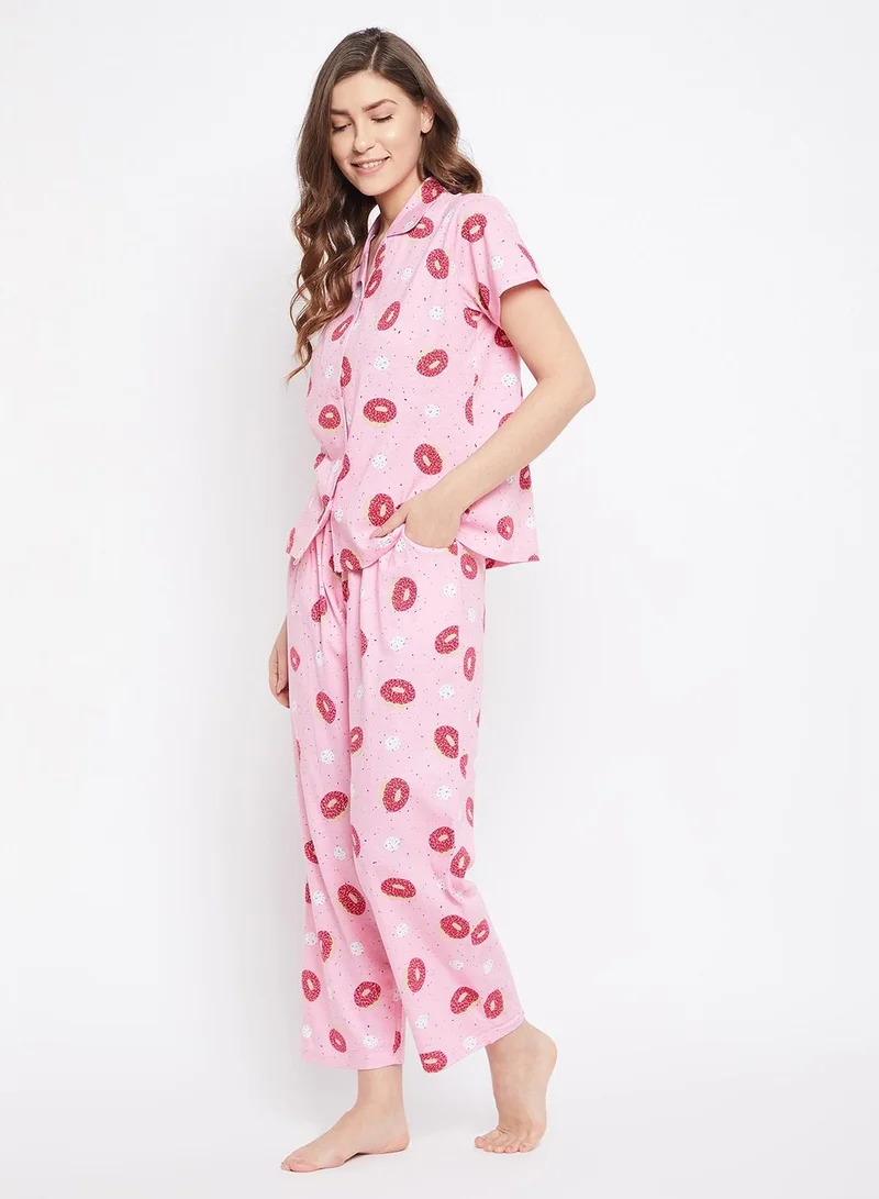 كلوفيا Clovia Donut Print Button Down Shirt And Pyjama Set In Pink - 100% Cotton