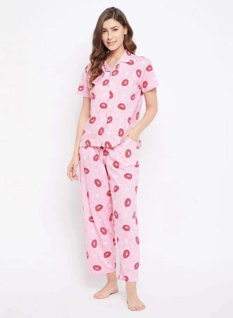 كلوفيا Clovia Donut Print Button Down Shirt And Pyjama Set In Pink - 100% Cotton