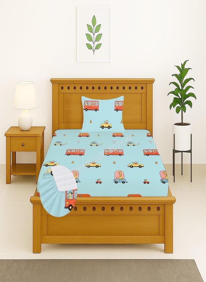 TARAIN COLLECTION Cotton 210Tc Elastic Fitted Single Bedsheets with 1 Pillow Covers (Sky Blue Kids) - Image 1