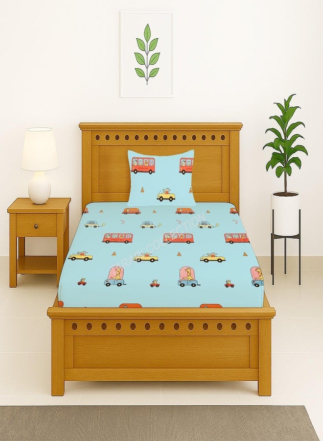 TARAIN COLLECTION Cotton 210Tc Elastic Fitted Single Bedsheets with 1 Pillow Covers (Sky Blue Kids) - Image 2