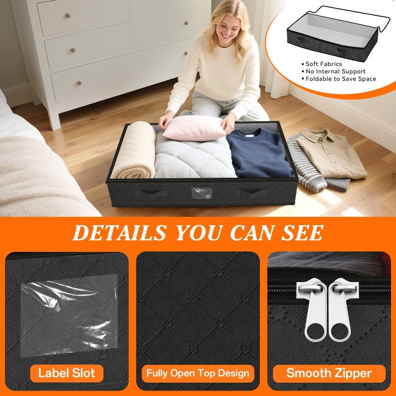 SpaceWhisper 90L Under Bed Storage Containers, 4-Pack Storage Bins with Clear Top, Foldable Closet Organizers and Storage with Label Holder for Clothing, Blankets, Comforter & Pillows(Black) - Image 4