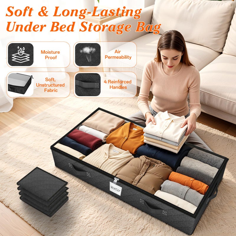 SpaceWhisper 90L Under Bed Storage Containers, 4-Pack Storage Bins with Clear Top, Foldable Closet Organizers and Storage with Label Holder for Clothing, Blankets, Comforter & Pillows(Black) - Image 3