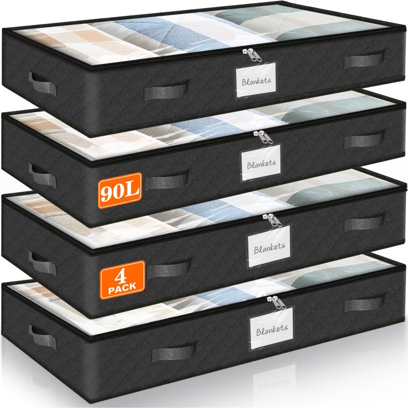 SpaceWhisper 90L Under Bed Storage Containers, 4-Pack Storage Bins with Clear Top, Foldable Closet Organizers and Storage with Label Holder for Clothing, Blankets, Comforter & Pillows(Black) - Image 1