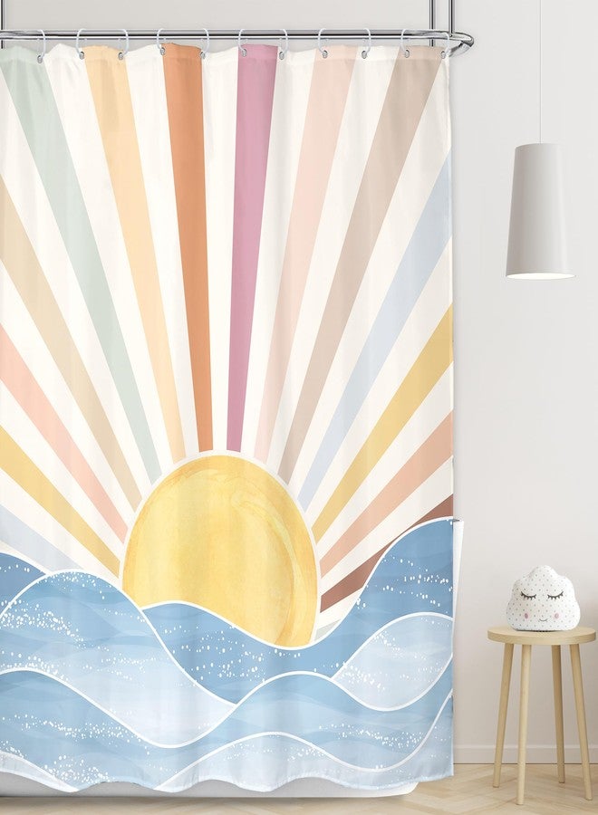 LGhtyro Boho Rainbow Sun Shower Curtain Bathroom Set 60Wx71H Inches Retro 70s Abstract Colorful Sunshine Sunrise Sunset Ocean Sea Waves Bath Accessories Aesthetic Art Home Decor Fabric 12 Pack Hooks - Image 1