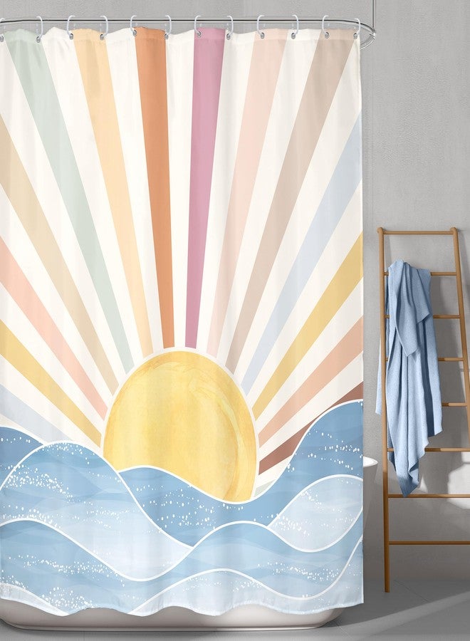 LGhtyro Boho Rainbow Sun Shower Curtain Bathroom Set 60Wx71H Inches Retro 70s Abstract Colorful Sunshine Sunrise Sunset Ocean Sea Waves Bath Accessories Aesthetic Art Home Decor Fabric 12 Pack Hooks - Image 2