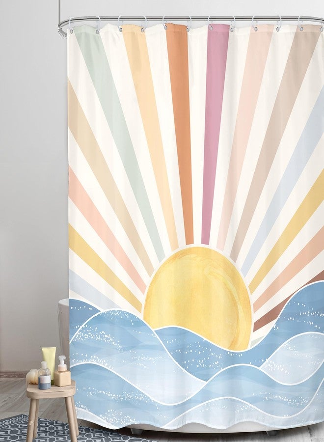 LGhtyro Boho Rainbow Sun Shower Curtain Bathroom Set 60Wx71H Inches Retro 70s Abstract Colorful Sunshine Sunrise Sunset Ocean Sea Waves Bath Accessories Aesthetic Art Home Decor Fabric 12 Pack Hooks - Image 3