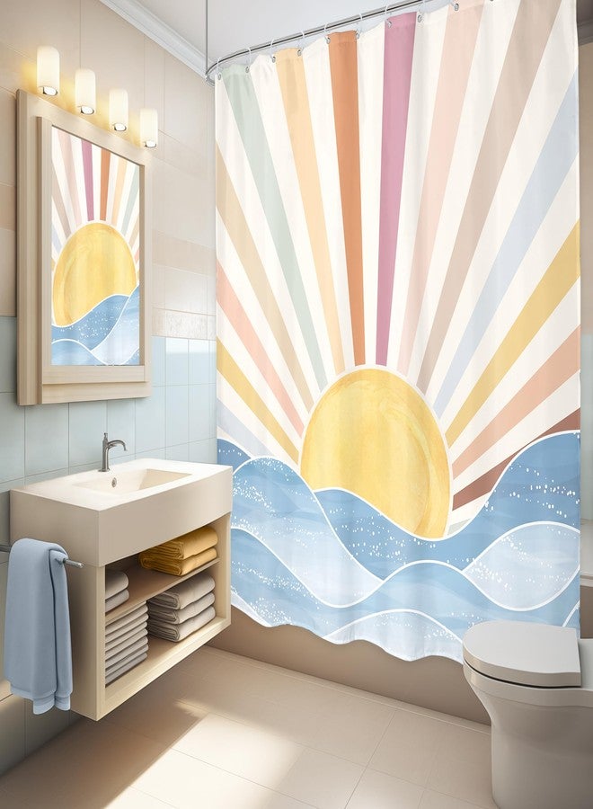 LGhtyro Boho Rainbow Sun Shower Curtain Bathroom Set 60Wx71H Inches Retro 70s Abstract Colorful Sunshine Sunrise Sunset Ocean Sea Waves Bath Accessories Aesthetic Art Home Decor Fabric 12 Pack Hooks - Image 4