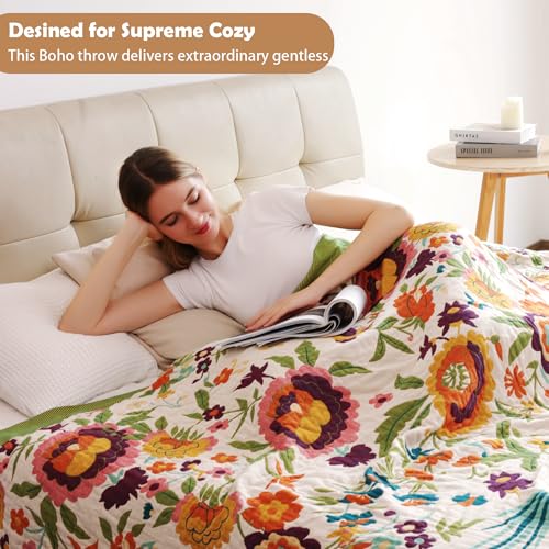VANJOROY Boho Throw Blanket 100 Organic Cotton Breathable Ultra Soft 91 x 98 Bed Quilt Throw All Season Floral Rustic Farmhouse Decor Luxury Reversible Blanket for Sofa Couch Chair and Gift - Image 3