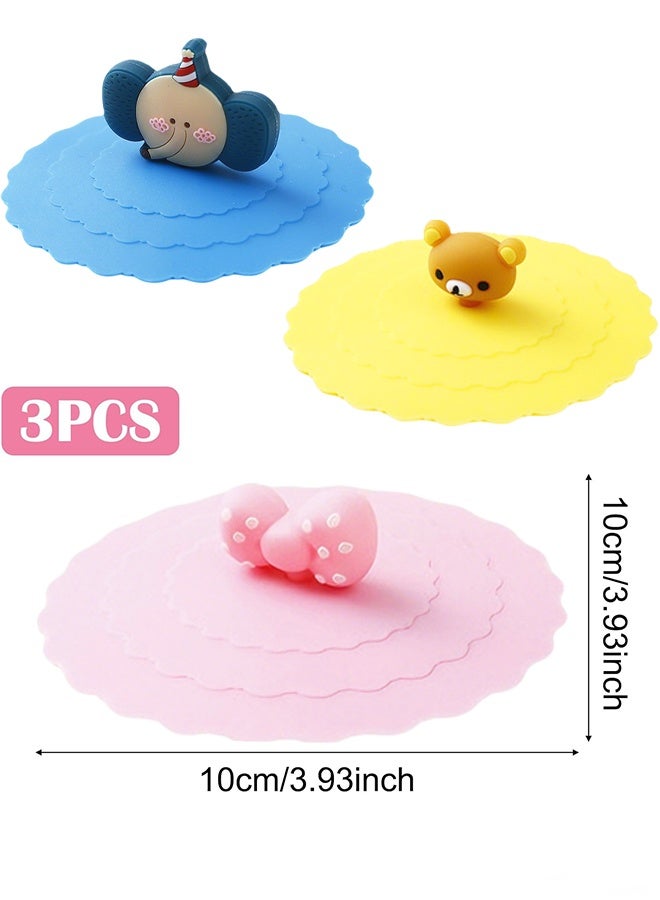 3 قطع غطاء كوب زجاجي من السيليكون الكرتوني، أغطية أكواب مضادة للغبار قابلة لإعادة الاستخدام، أغطية أكواب زجاجية للمشروبات من السيليكون الملائمة للطعام، غطاء كوب مستدير إبداعي كاواي للقهوة، القدح، مضاد للغبار، ختم الشفط - Image 2