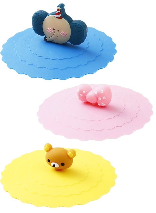 3 قطع غطاء كوب زجاجي من السيليكون الكرتوني، أغطية أكواب مضادة للغبار قابلة لإعادة الاستخدام، أغطية أكواب زجاجية للمشروبات من السيليكون الملائمة للطعام، غطاء كوب مستدير إبداعي كاواي للقهوة، القدح، مضاد للغبار، ختم الشفط - Image 1