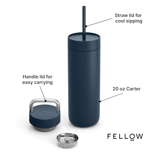 Fellow 20 oz Carter Water Bottle with 2 Lids LeakProof Lid with Metal Handle Cold Lid with Straw Ceramic Interior VacuumInsulated Stainless Steel Stone Blue - Image 3