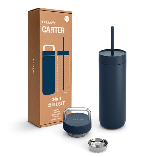 Fellow 20 oz Carter Water Bottle with 2 Lids LeakProof Lid with Metal Handle Cold Lid with Straw Ceramic Interior VacuumInsulated Stainless Steel Stone Blue - Image 1
