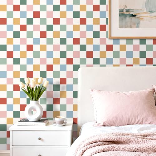 LACHEERY 175x275 Retro Checkered Peel and Stick Wallpaper Checkered Contact Paper Green Pink Blue Removable Wall Paper Colorful Checkerboard Wallpaper for Bathroom Kids Bedroom Walls Cabinets Desk - Image 3