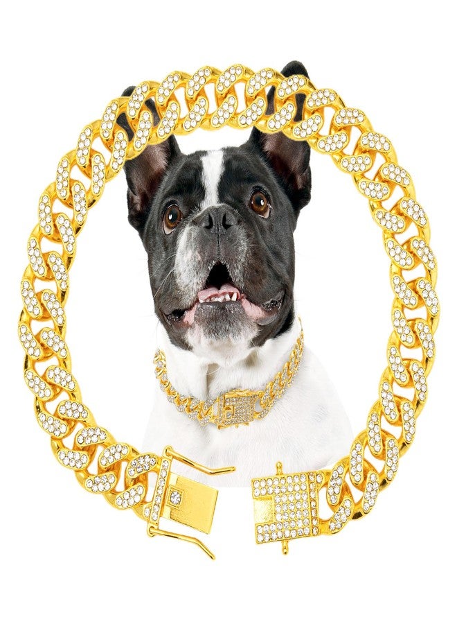 THAMIAO Gold Dog Chain Diamond Gold Chain Dog Collar Walking Metal with Design Secure Buckle Pet Collar Jewelry Accessories Necklace for Small Medium Large Cats,10 Inch - Image 1