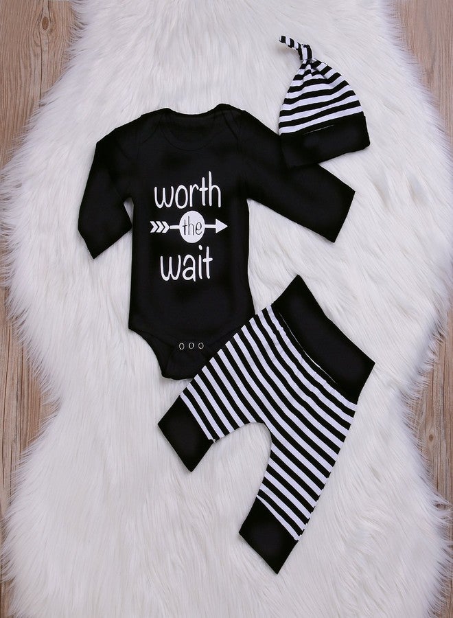 Besokuse Baby Unisex Worth The Wait Arrow Printed Romper Striped Pant Hat Outfit Clothes (Black, 3-6Months) - Image 2
