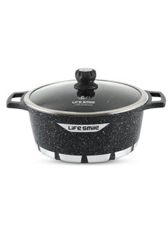 Life Smile 28cm Non Stick Cooking Pot - Granite Coated Aluminum Soup Pot Stock Pot With Tempered Glass Lid - PFOA Free Oven Safe - Kitchen Casserrole Pots for Cooking (Grey)  - Image 1