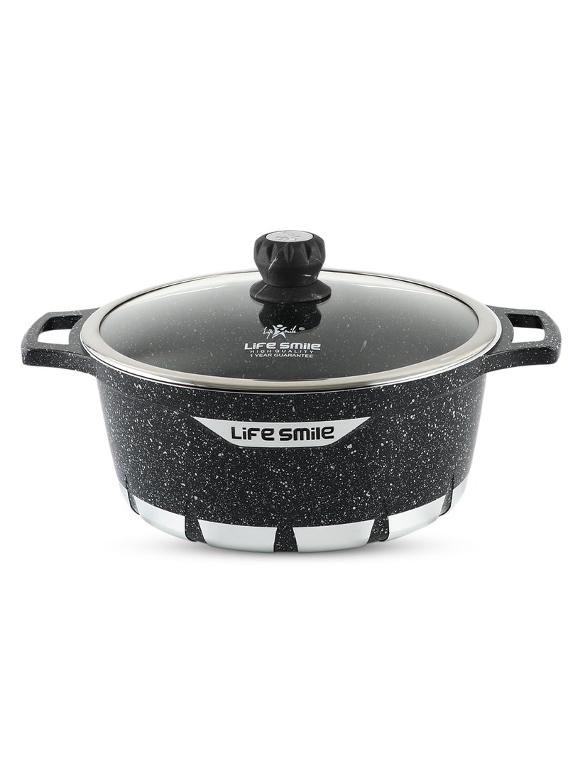 Life Smile 28cm Non Stick Cooking Pot - Granite Coated Aluminum Soup Pot Stock Pot With Tempered Glass Lid - PFOA Free Oven Safe - Kitchen Casserrole Pots for Cooking (Grey)  - Image 1
