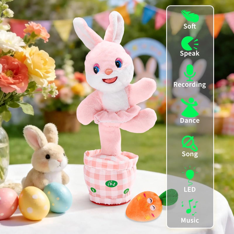 Cessfle Talking Dancing Easter Bunny Plush, Easter Basket Stuffers Toddler Girl Boy, Volume Adjustable Glowing Dancing Talking Bunny Toys with 60+ Songs, Baby Girl Boy Easter Gift, Hopping Bunny Toy - Image 2