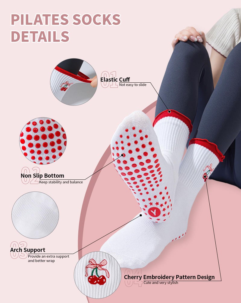 Yawlsow Cute Pilates Grip Socks for Women Ruffle Frilly Yoga Socks Non Slip Cotton Crew Sock for Barre Workout (US, Alpha, One Size, Regular, Regular, 1 Pack-Red-Cherry) - Image 5