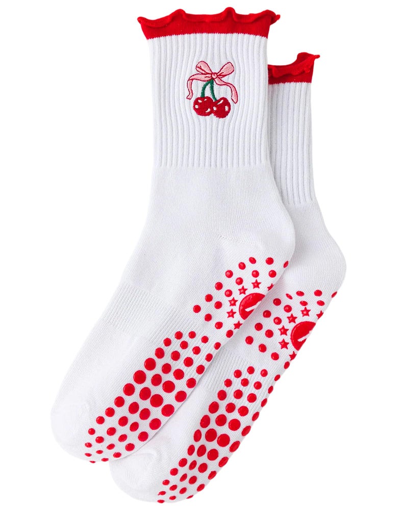 Yawlsow Cute Pilates Grip Socks for Women Ruffle Frilly Yoga Socks Non Slip Cotton Crew Sock for Barre Workout (US, Alpha, One Size, Regular, Regular, 1 Pack-Red-Cherry) - Image 1