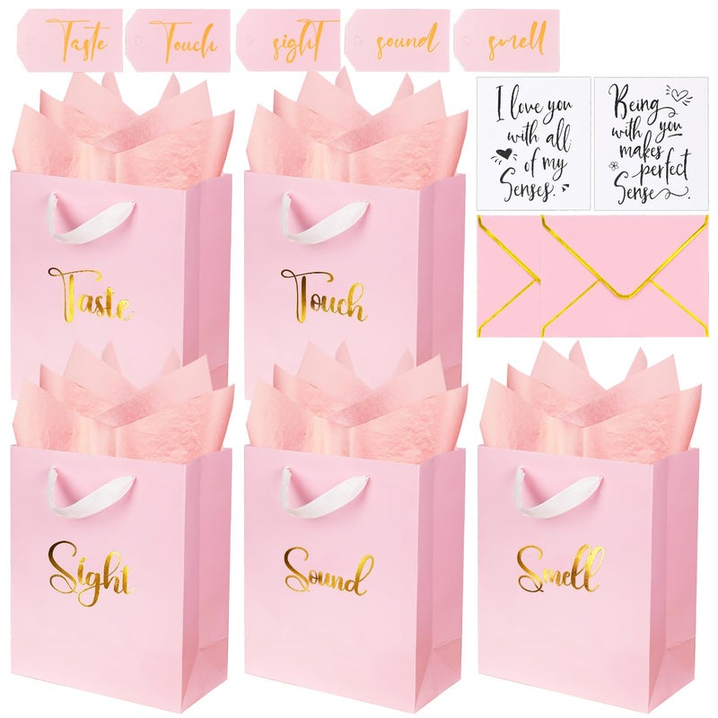 Nimbbex Gold Foil 5 Senses Gift Bags for Him with Labels Envelopes and Cards, Sight Smell Touch Taste Sound Gift Bags with Tissue Handle for Birthday, Anniversary, Mother's Day, Valentine's Day, 10x8x4inchï¼ˆPink) - Image 1