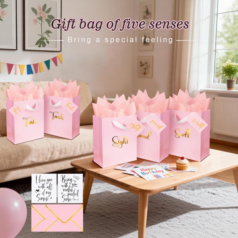 Nimbbex Gold Foil 5 Senses Gift Bags for Him with Labels Envelopes and Cards, Sight Smell Touch Taste Sound Gift Bags with Tissue Handle for Birthday, Anniversary, Mother's Day, Valentine's Day, 10x8x4inchï¼ˆPink) - Image 2
