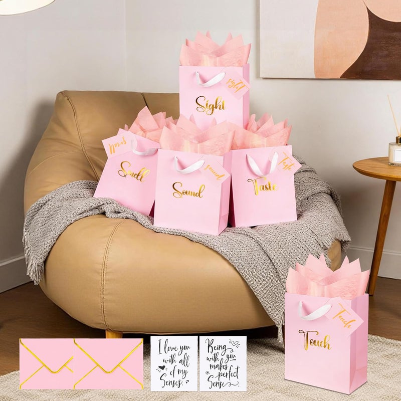 Nimbbex Gold Foil 5 Senses Gift Bags for Him with Labels Envelopes and Cards, Sight Smell Touch Taste Sound Gift Bags with Tissue Handle for Birthday, Anniversary, Mother's Day, Valentine's Day, 10x8x4inchï¼ˆPink) - Image 5