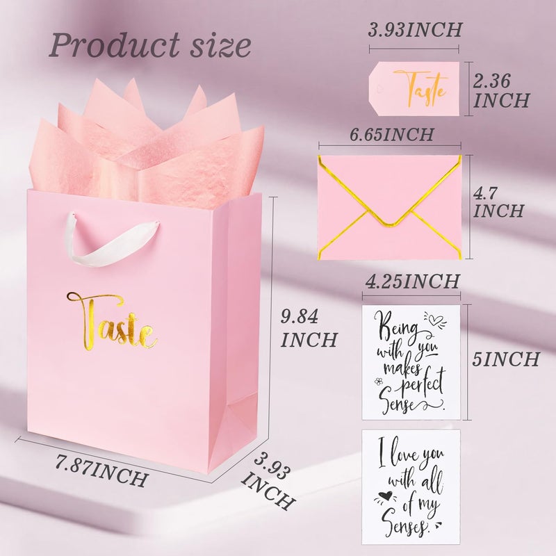 Nimbbex Gold Foil 5 Senses Gift Bags for Him with Labels Envelopes and Cards, Sight Smell Touch Taste Sound Gift Bags with Tissue Handle for Birthday, Anniversary, Mother's Day, Valentine's Day, 10x8x4inchï¼ˆPink) - Image 3