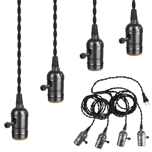Aokpsrt Vintage Plug-in Pendant Light Kit with 1-to-4 Hanging E26/E27 Sockets, Industrial Hanging Light with Individual Rotary Switches, Easy DIY Lighting for Living Room, Patio and Plant Corners, Black - Image 1