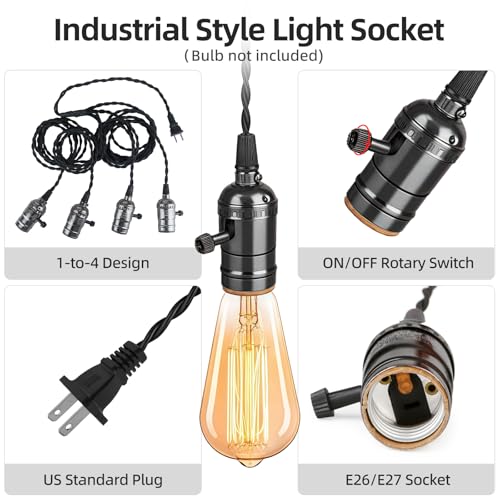 Aokpsrt Vintage Plug-in Pendant Light Kit with 1-to-4 Hanging E26/E27 Sockets, Industrial Hanging Light with Individual Rotary Switches, Easy DIY Lighting for Living Room, Patio and Plant Corners, Black - Image 3