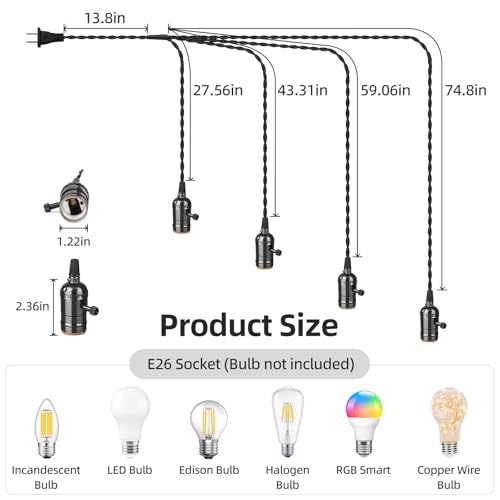 Aokpsrt Vintage Plug-in Pendant Light Kit with 1-to-4 Hanging E26/E27 Sockets, Industrial Hanging Light with Individual Rotary Switches, Easy DIY Lighting for Living Room, Patio and Plant Corners, Black - Image 4
