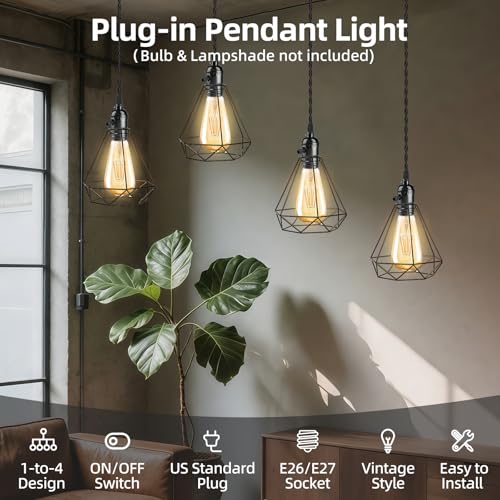 Aokpsrt Vintage Plug-in Pendant Light Kit with 1-to-4 Hanging E26/E27 Sockets, Industrial Hanging Light with Individual Rotary Switches, Easy DIY Lighting for Living Room, Patio and Plant Corners, Black - Image 2